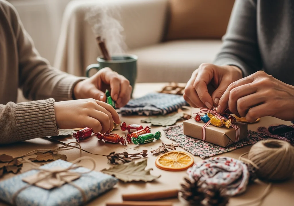 Dłonie dziecka i dorosłego pakują cukierki na prezent, w tle gorąca herbata i dekoracje.