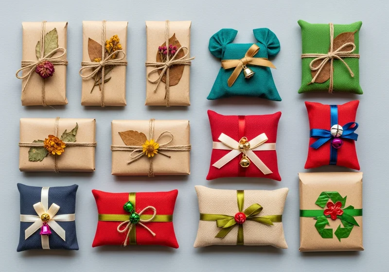 Prezentacja różnorodnie zapakowanych prezentów i cukierków na szarym tle.