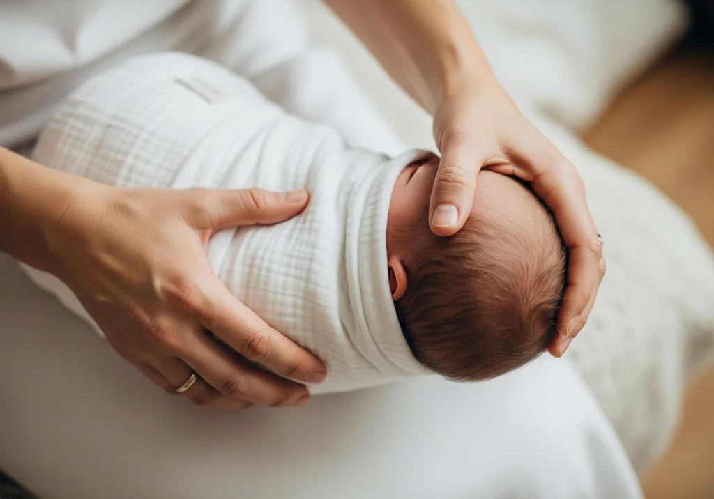 Ręce delikatnie otulają zawiniętego w białą pieluszkę noworodka.
