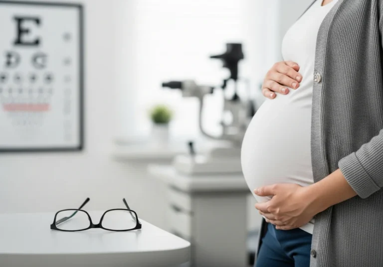 Ciężarna kobieta w gabinecie okulistycznym, z rękami na brzuchu.