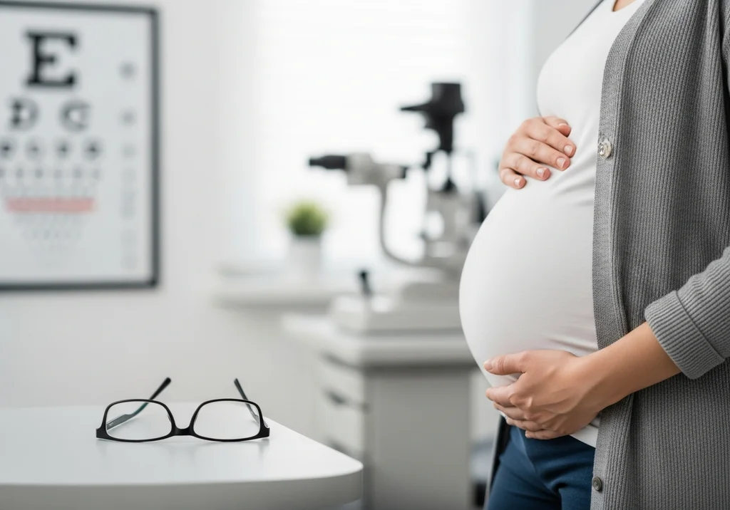 Ciężarna kobieta w gabinecie okulistycznym, z rękami na brzuchu.