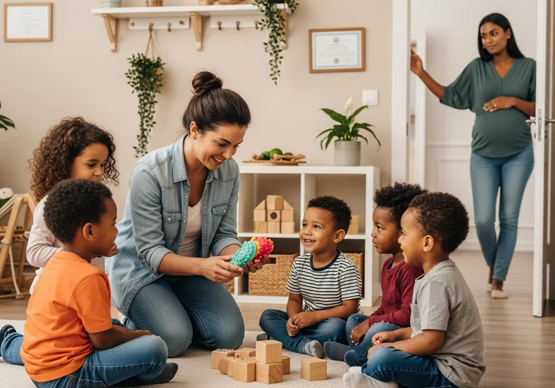 Nauczycielka bawi się zabawkami z dziećmi, które siedzą na dywanie.