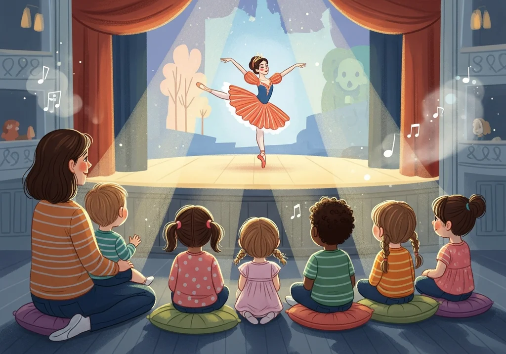 Grupa dzieci z opiekunką ogląda baletnicę na scenie teatru.