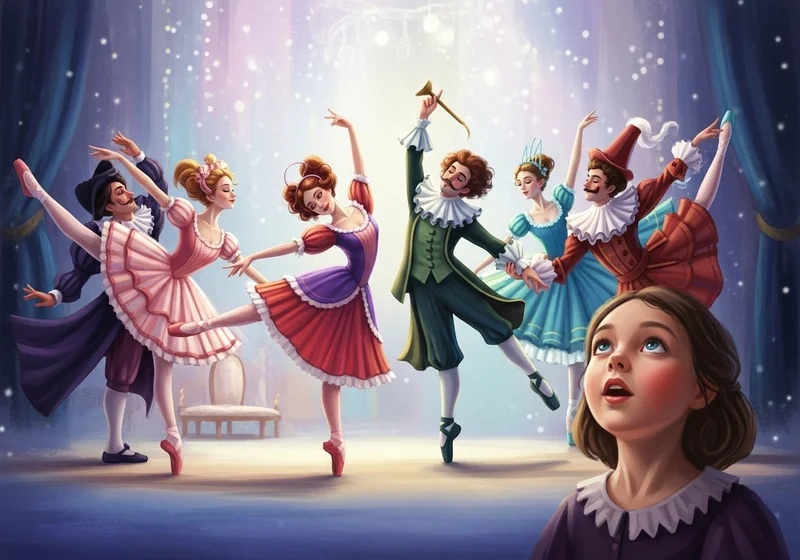 Dzieci w baletowych kostiumach tańczą na scenie, zachwycając małą widzkę.