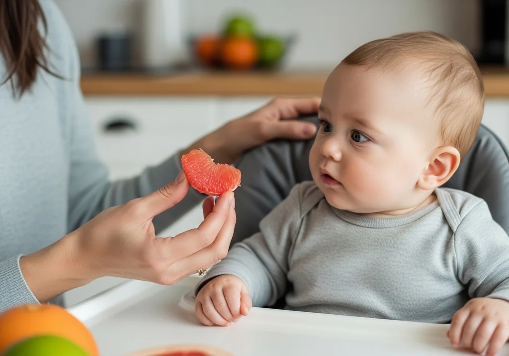 Mama podaje dziecku w krzesełku kawałek grejpfruta.