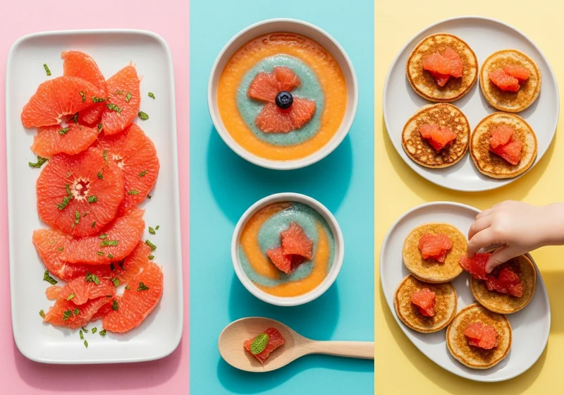 Kawałki grejpfruta na talerzu, w miseczkach z musem i na naleśnikach.