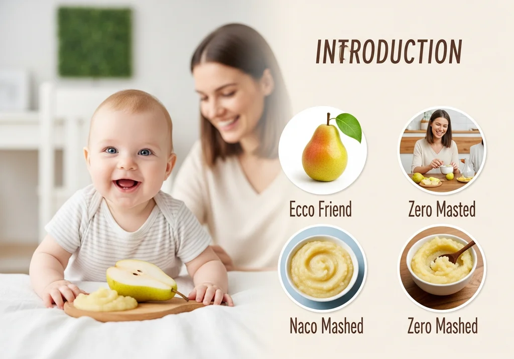 Niemowlę cieszy się na widok gruszki i puree, obok zdjęcia matki i innych produktów.