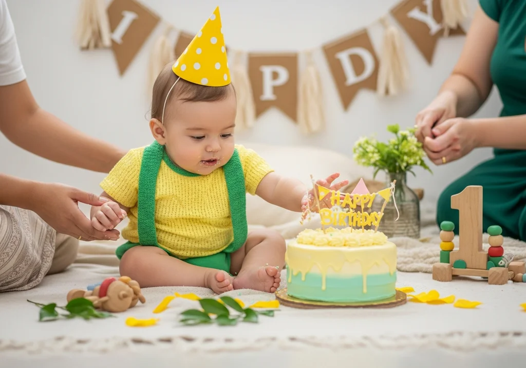 Dziecko w żółtym stroju i czapce świętuje pierwsze urodziny z tortem i zabawkami.
