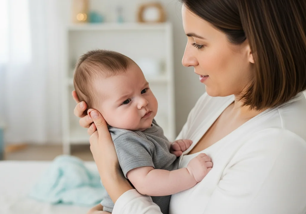 Mama w białej bluzce trzyma na rękach niemowlę w szarym ubranku, patrząc na nie z miłością.