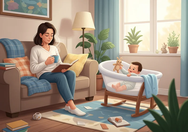 Kobieta czyta książkę i pije kawę, gdy dziecko bawi się w kołysce.