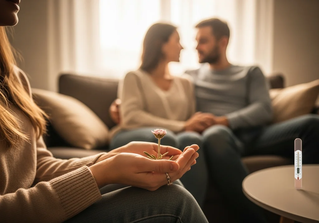 Para patrzy na siebie, kobieta trzyma w dłoniach kwiatek, termometr na stoliku.