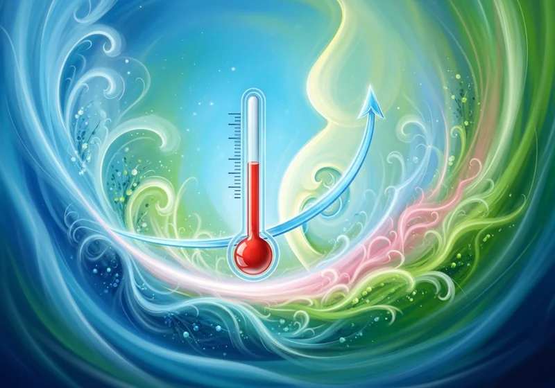 Termometr z rosnącą temperaturą i strzałką w górę, otoczony wirami.