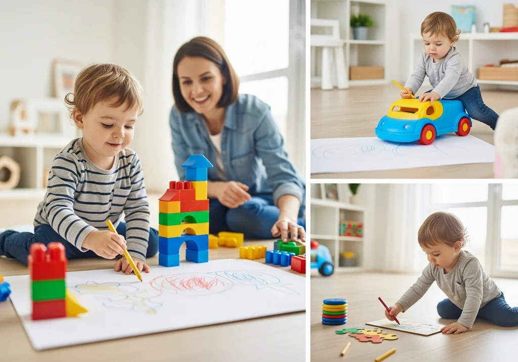 Dzieci budują z klocków i rysują, bawią się autkiem i kolorowymi elementami.