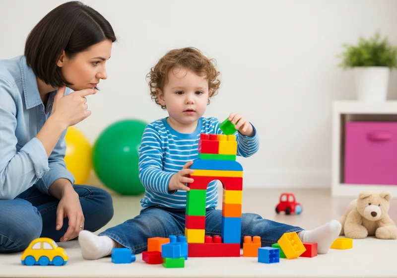 Kobieta obserwuje dziecko budujące wieżę z kolorowych klocków.