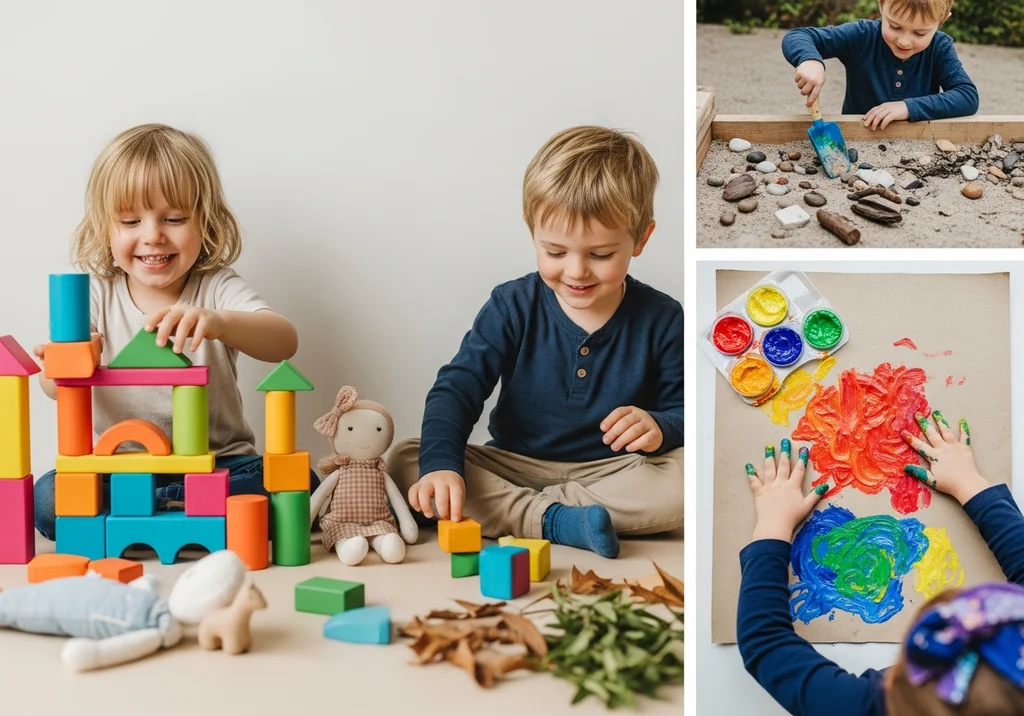 Dzieci bawiące się klockami, rysujące palcami i badające piasek.