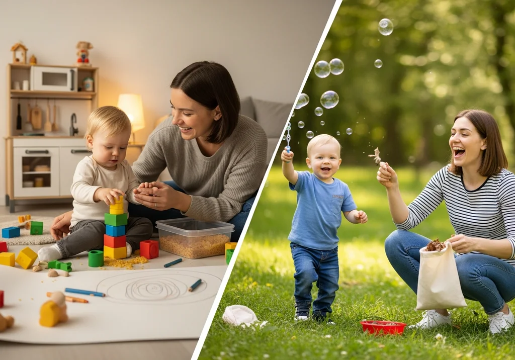 Mama i dwulatek budują wieżę z klocków w domu i bawią się bańkami w parku.