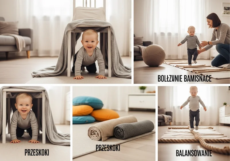 Dziecko w tunelu z koca, naśladowanie poduszek, skok, balansowanie i taniec z piłką.