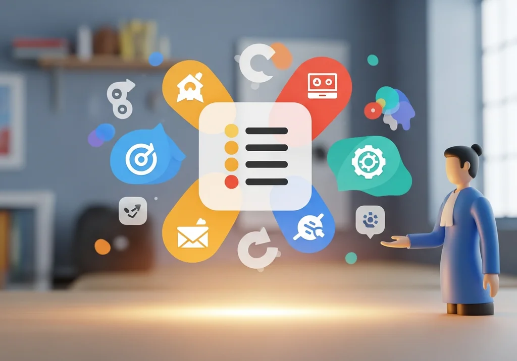 Grafika symbolizująca platformy edukacyjne: ikony domku, laptopa, poczty, koła zębatego, celu, zwierzęcia domowego i listy zadań.