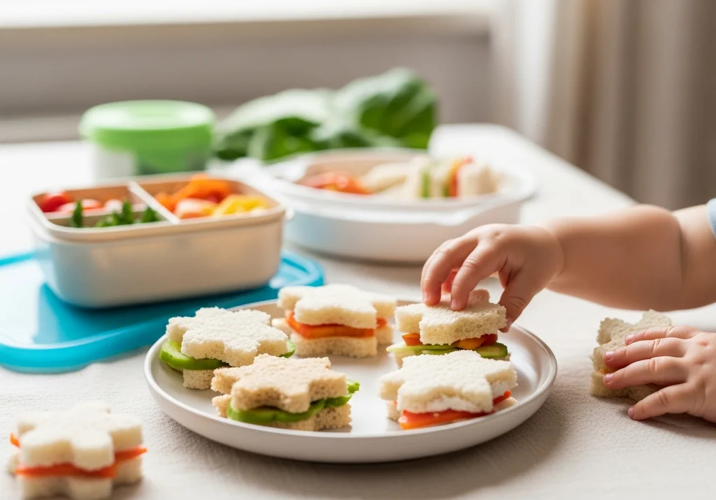 Dziecko układa gwiazdkowe kanapki z warzywami i owocami, obok pojemnik z przekąskami.