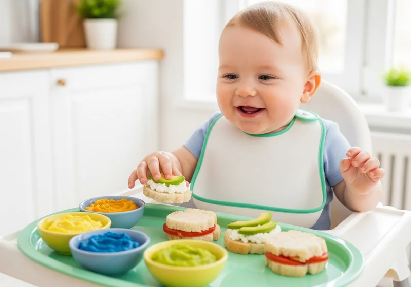 Niemowlę z chęcią sięga po kanapki z awokado i twarożkiem na tacce z kolorowymi papekiami.