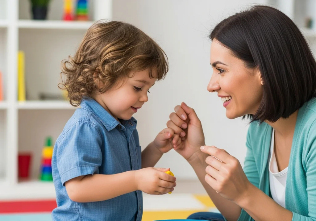 Matka i dziecko bawią się plasteliną, wspierając komunikację.