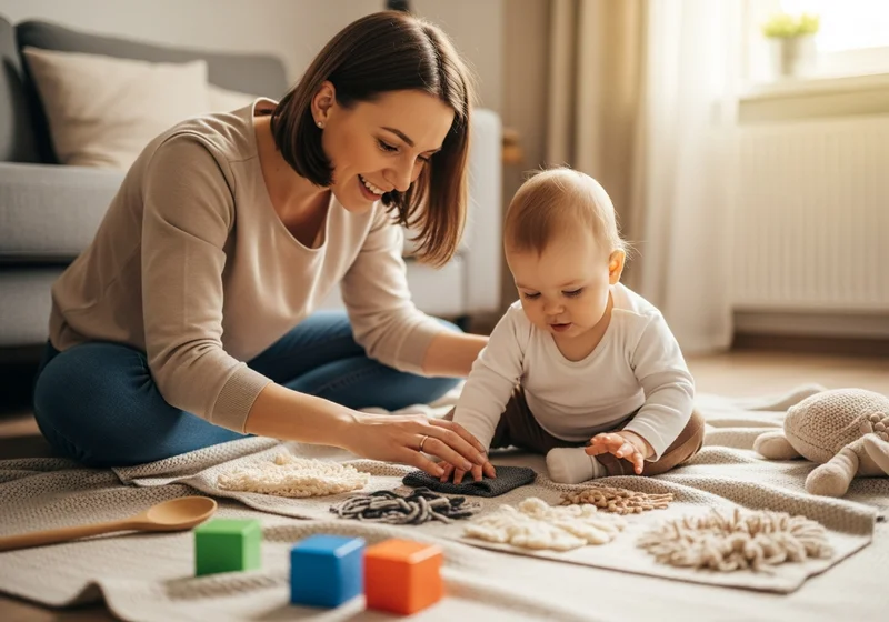 Kobieta i dziecko bawią się na kocu z zabawkami i materiałami sensorycznymi.