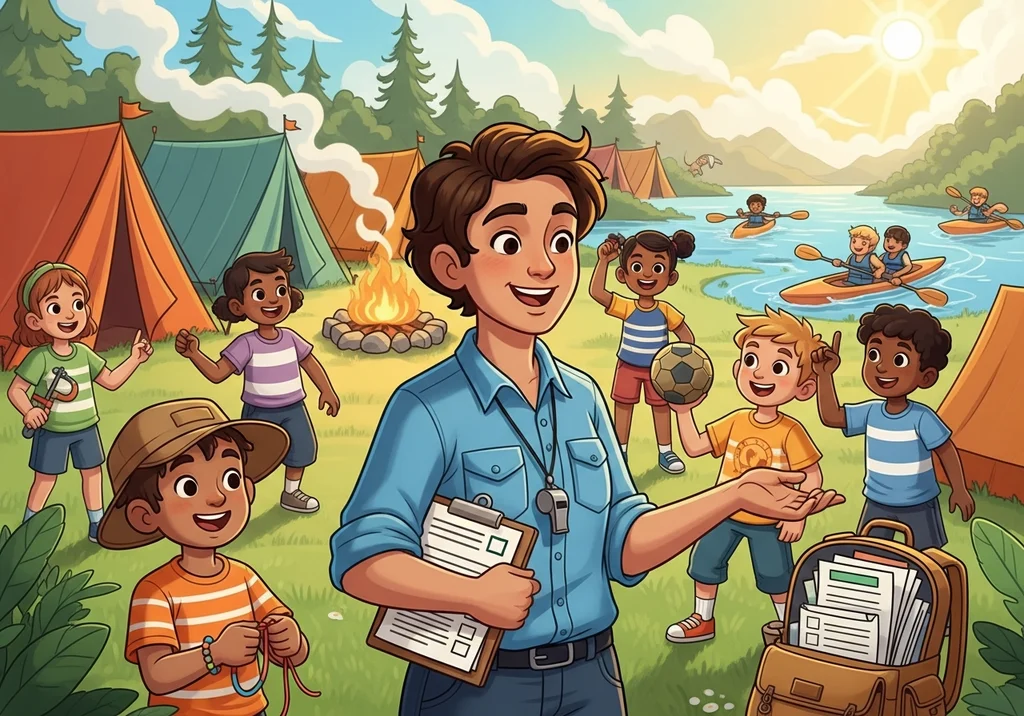Wychowawca kolonijny z dziećmi przy ognisku i namiotach, przygotowujący się do zajęć.