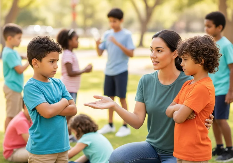 Wychowawczyni spokojnie rozmawia z dwoma chłopcami, którzy stoją ze skrzyżowanymi rękami.