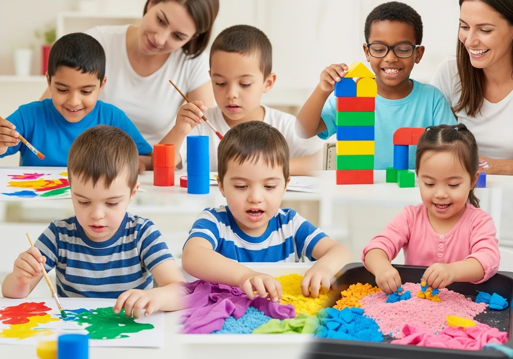 Dzieci na zajęciach plastycznych i z klockami pod okiem opiekunek.