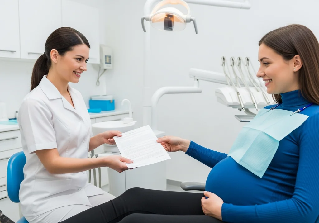 Dentystka przekazuje ciężarnej pacjentce dokumenty w gabinecie stomatologicznym.