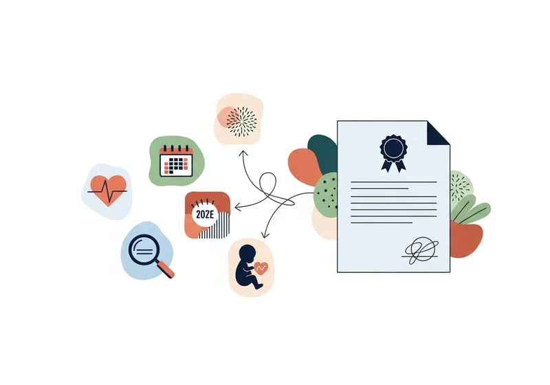 Grafika symbolizująca proces zdobywania zaświadczenia: ikony serca, kalendarza, lupy, niemowlęcia i dyplomu.