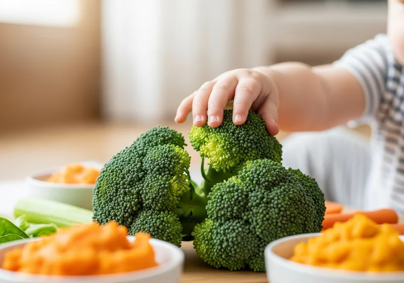 Dziecko dotyka różyczek brokułów na tle purée z marchewki.