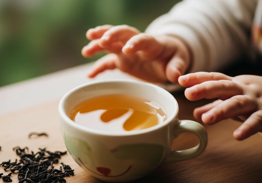 Dziecięce rączki sięgają po filiżankę herbaty i liście czarnej herbaty.