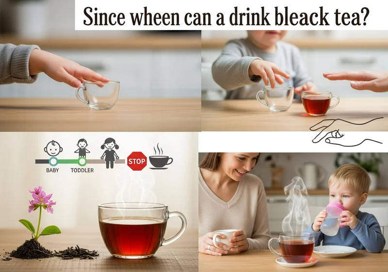 Dzieci sięgają po kubek z herbatą, grafika cyklu życia dziecka i rodzice z herbatą.