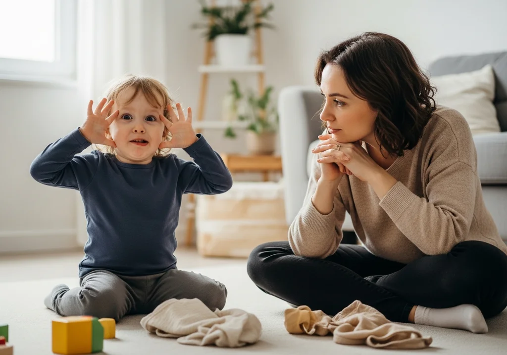 Dziecko wygłupia się przed mamą, która patrzy na nie z uwagą.