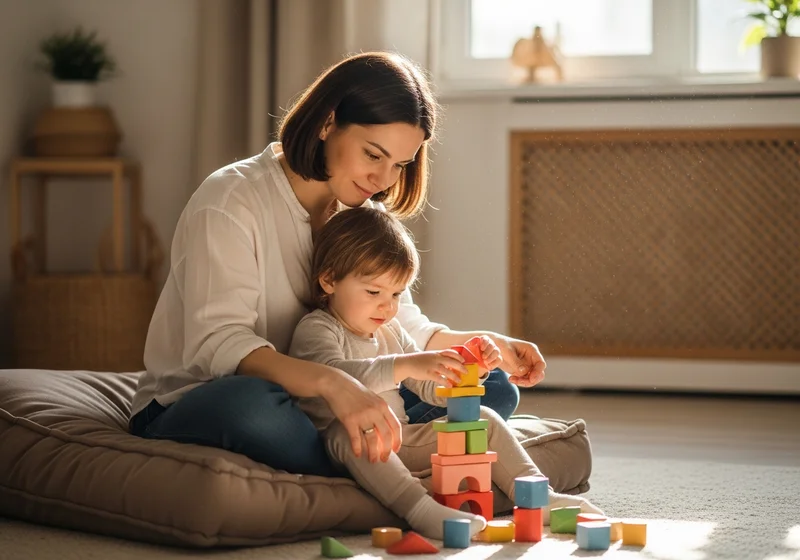 Matka i dziecko budują wieżę z kolorowych klocków, co symbolizuje poczucie bezpieczeństwa.