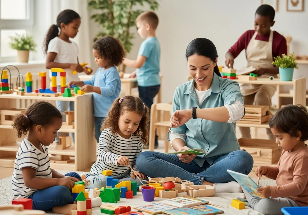 Nauczycielka i dzieci bawią się klockami w przedszkolu.