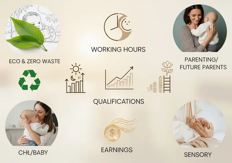 Ikony i zdjęcia ilustrujące pracę, zarobki, rodzicielstwo i zrównoważony rozwój.