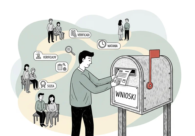 Ilustracja procesu składania wniosku o usługi opiekuńcze, od weryfikacji do oczekiwania na decyzję.
