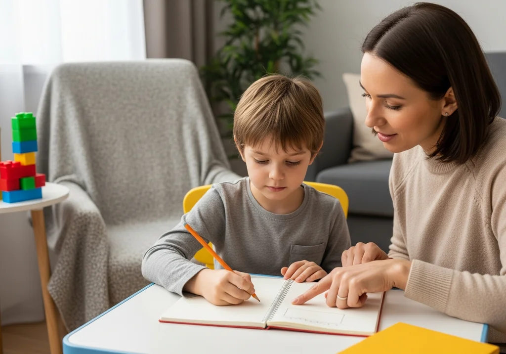 Kobieta pomaga dziecku w nauce pisania w zeszycie, z klockami w tle.