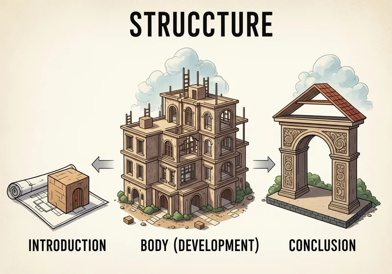 Schematyczny rysunek przedstawia budowanie wypracowania: od projektu (kostka), przez rozwijające się wypracowanie (budynek), do zakończenia (łuk).