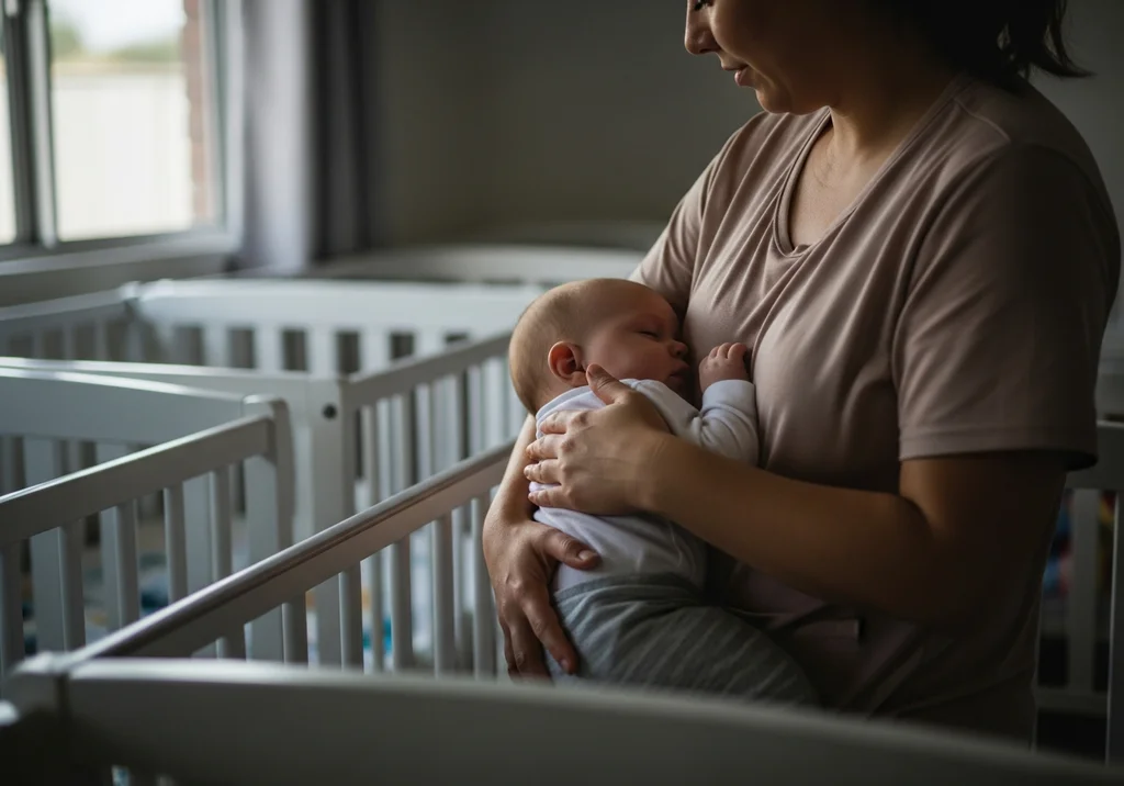 Opiekunka tuli śpiące niemowlę w żłobku obok innych łóżeczek.