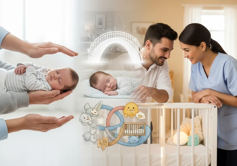 Opiekunka i rodzic uśmiechają się do niemowlęcia w łóżeczku, symbolizując współpracę.