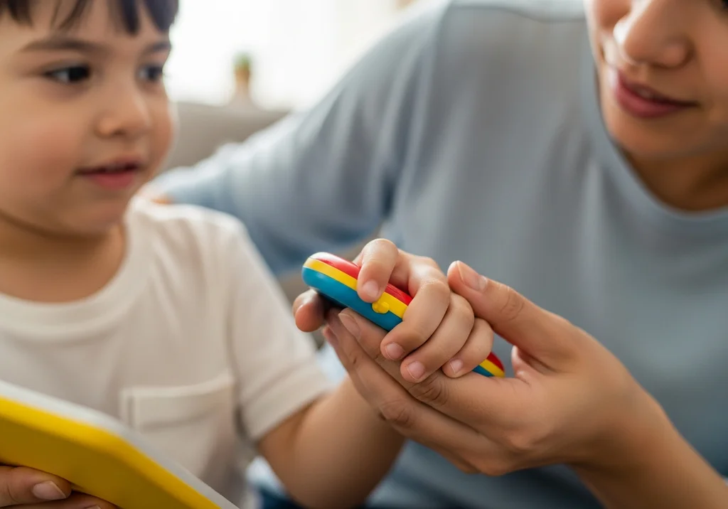 Dłoń matki pomaga dziecku trzymać kolorową zabawkę na leki.