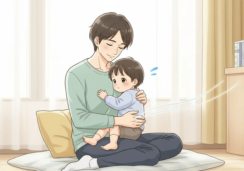 Ojciec z czułością tuli niemowlę, które wtula się w jego ramiona.