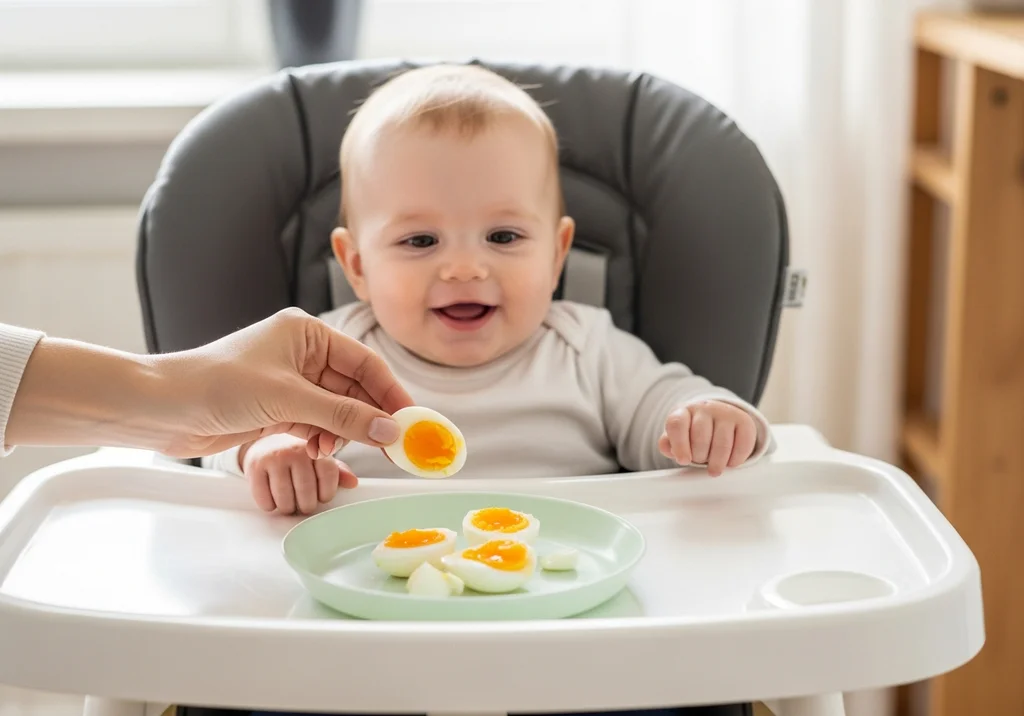Uśmiechnięte dziecko w krzesełku, ręka podaje mu kawałek jajka na talerzyku.
