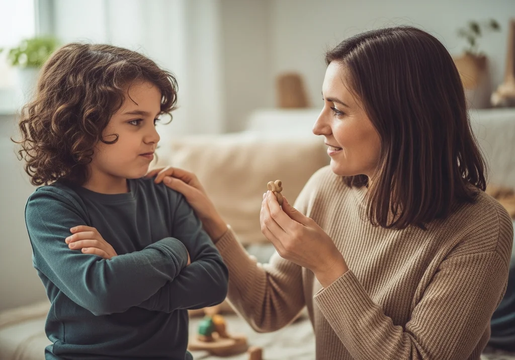 Mama uspokaja płaczącego 8-latka, który jest w fazie buntu.