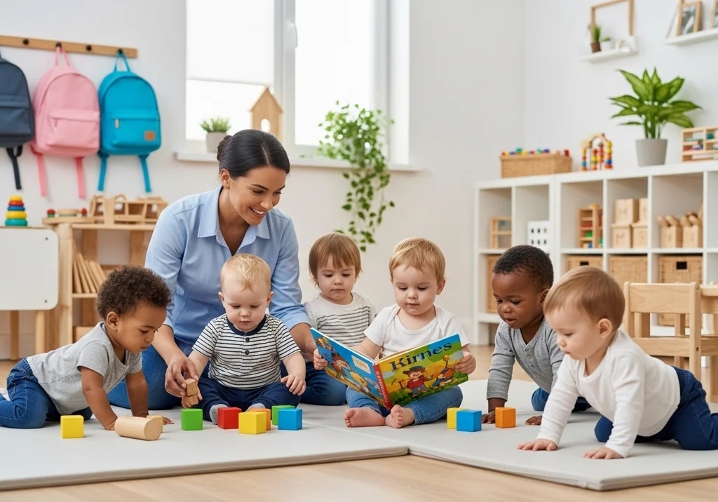 Nauczycielka czyta książkę grupie dzieci w żłobku, które bawią się klockami.