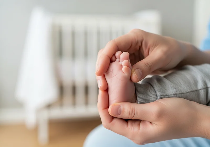 Dłonie dorosłego delikatnie obejmują stópkę dziecka na tle żłobka.