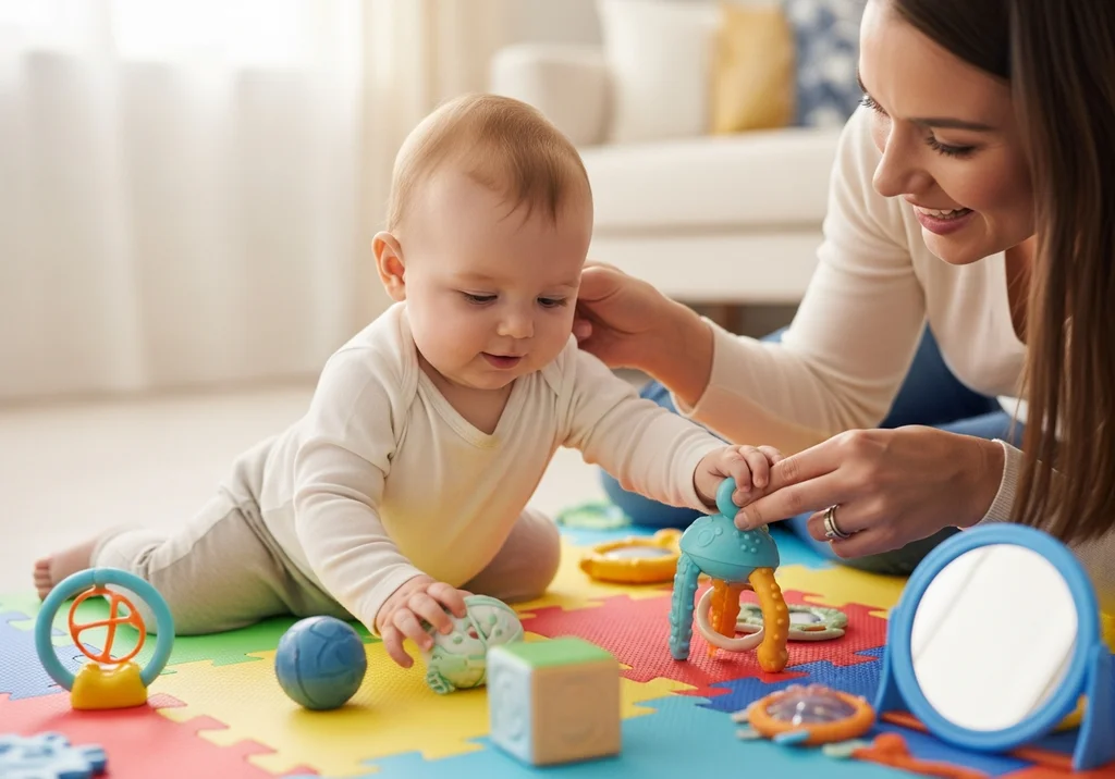 Mama bawi się z dzieckiem, które raczkuje wśród kolorowych zabawek na macie edukacyjnej.